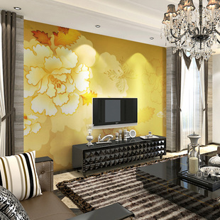 名宫大型壁画客厅电视沙发玄关卧室背景墙纸壁纸国花金色牡丹中式