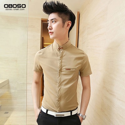 OBOS韩版男装2015夏季男士英伦短袖衬衫潮男学生修身半袖衬衣寸衫