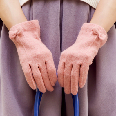 瑞格丽特正品女士蝴蝶结紫色粉色羊毛分指手套秋冬季保暖手套特价