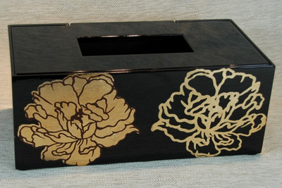 越南进口漆器 手工中式复古宫廷 样板房客厅软装描金花装饰纸巾盒