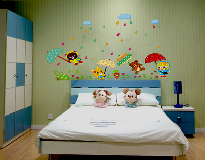 卡通动漫防水墙贴纸贴画贴花小动物可爱雨中乐趣儿童房卧室幼儿园