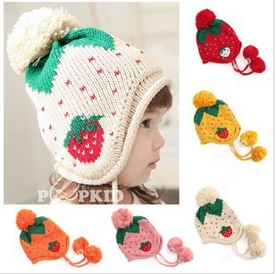 韩国护耳帽婴儿保暖帽 儿童草莓帽 秋冬加厚提花帽