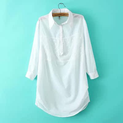 夏季新款韩版女装可挽袖蕾丝棉门襟拼接翻领半透明白色棉衬衫大码