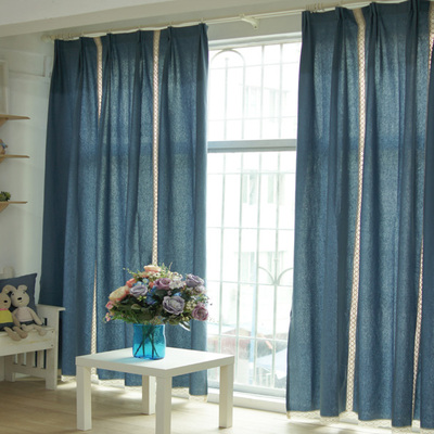 地中海中深灰蓝色亚麻棉布艺窗帘成品 日式定制做半遮光卧室窗帘