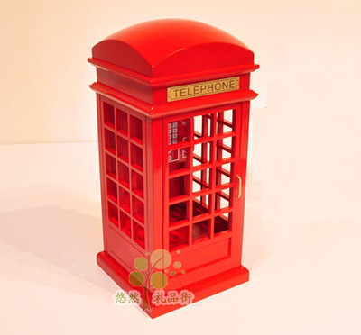 包邮！欧洲仿古 红色电话亭 音乐盒八音盒木质仿真家居圣诞节摆设