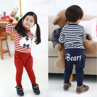 韩版童装 儿童男童女童卡通条纹蝴蝶结纯棉运动套装