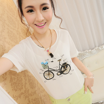 2014夏装新款韩版 雪纺 单车印花工艺 图案 个性纯棉女T恤短袖025