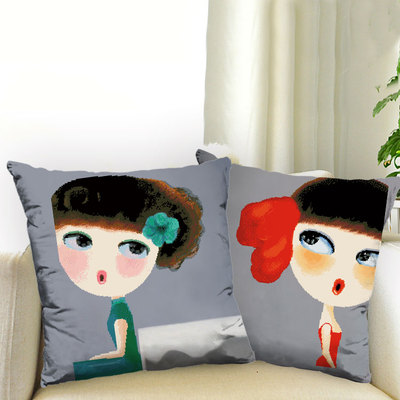 3D精准印花十字绣最新款红颜卡通抱枕一对可爱小女孩客厅沙发靠垫
