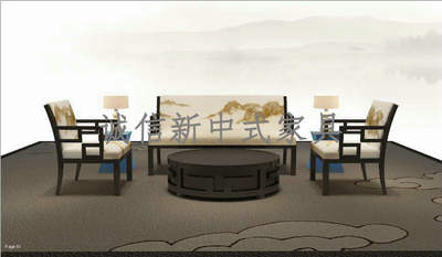 现代中式做旧沙发 实木布艺印画太师椅 商务会客客厅全套家具组合