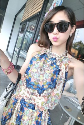 2015夏季新款 韩版超仙美复古印花长裙  雪纺无袖连衣裙沙滩裙