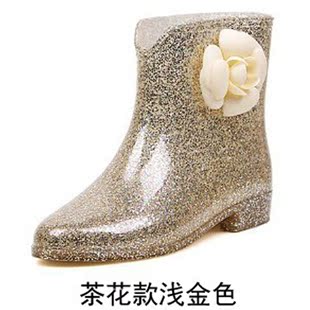 韩国新款水晶山茶花雨靴透明雨鞋短筒平底耐磨防水防滑女胶鞋特价