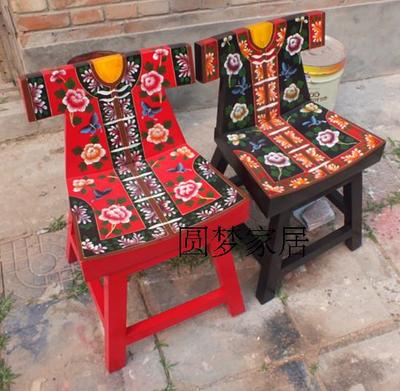 可定制红色凳吧凳仿古彩绘做旧家具现代中式北京松木牡丹蝴蝶西藏