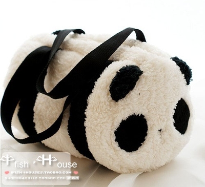 可爱卡通熊猫女包单肩包 毛绒圆筒手拎包手提包收纳包旅行包