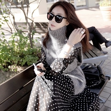 2016秋季新款韩版女装毛衣 高档兔绒高领宽松套头女士背心送腰带