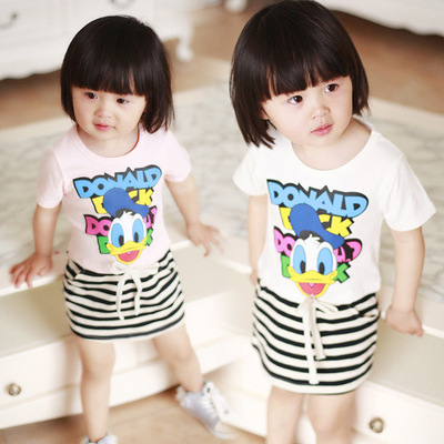 2016女童夏装 韩版女童儿童婴幼儿纯棉条纹卡通图案拼接连衣裙