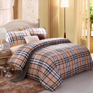 欧式家纺长绒棉床上用品1.5米1.8纯棉被套4件套格子加大四件套2.0