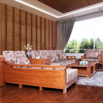 全实木客厅沙发组合 新中式现代榆木家具实木转角沙发电视墙 茶几