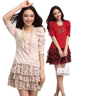 2014新款连衣裙修身显瘦蛋糕裙韩版女装中袖雪纺裙假两件夏季裙子