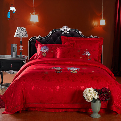绣花夫人 金童玉女 中式大红色刺绣花结婚庆床品四件套件床上用品