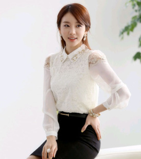 OL上衣2014新款女装蕾丝衬衣韩版春装长袖打底衫雪纺衬衫
