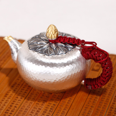 纯银茶壶韩国明银堂纯银壶茶具茶道手工锤目雕刻莲花扭小银壶