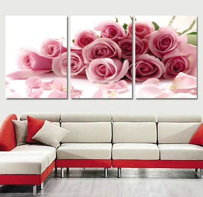 装饰画现代简约客厅挂画壁画无框画三联画卧室床头餐厅花卉粉玫瑰