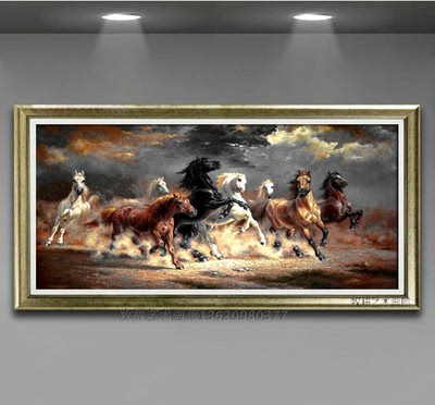 手绘动物风景油画 装饰画 客厅玄关中式画框八骏马油画