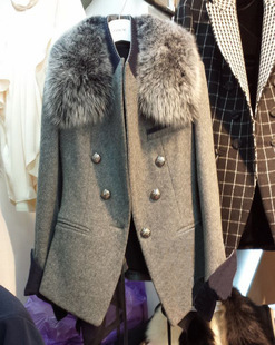 韩国代购秋冬装新款女装狐狸毛领羊绒加厚呢子大衣修身毛呢外套女