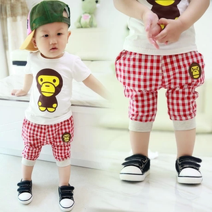 2016夏季童装新款韩版宝宝小童男女儿童休闲哈伦格子裤猩猩套装亏