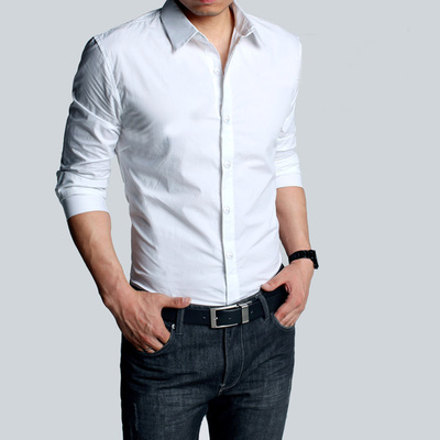 2015秋装新款男士长袖衬衫青年韩版修身型男商务休闲白色衬衣男装