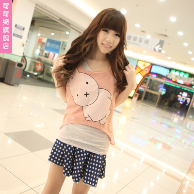 苛苛绮 2015秋女装夏学生韩版日系卡通甜美两件套短袖可爱长款T恤