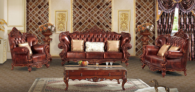 品牌古典客厅皮沙发欧式复古皮艺沙发组合家具 奢华实木雕刻沙发