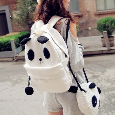 韩版新款 帆布熊猫双肩包 毛绒包 中学生书包 女包潮 背包单肩包