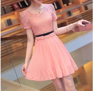 2015 夏季女装新款韩版修身大码气质蕾丝雪纺连衣裙短袖裙子包邮