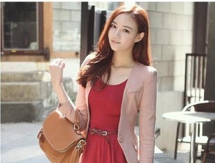 2014新款韩版修身潮时尚一粒扣无领中长款小西装西服外套女
