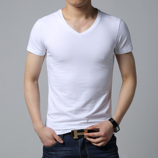 FSLISHI夏装男士短袖T恤宽松纯色纯棉v领时尚韩版直筒加肥加大码