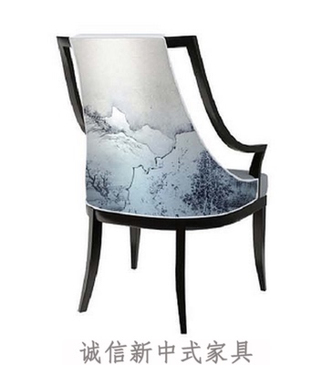 新中式餐椅 仿古典实木布艺青山印画 酒店客厅现代艺术休闲单人椅