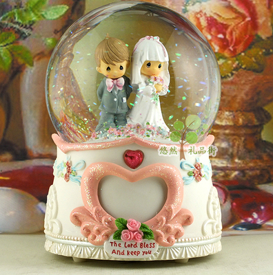 正版宝贝时光 婚礼水滴娃娃 水晶球音乐盒 相框八音盒 自喷亮片
