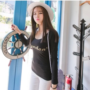 韩版女装上衣2015春装新款衣服长袖t恤字母印花女士t恤修身打底衫