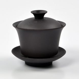 内白全黑紫砂盖碗茶壶 纯黑盖碗茶杯陶瓷茶壶功夫茶具茶碗三才碗