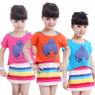广东产地新款 韩版儿童彩虹裙 女孩套裙女童两件套装 美女头套装