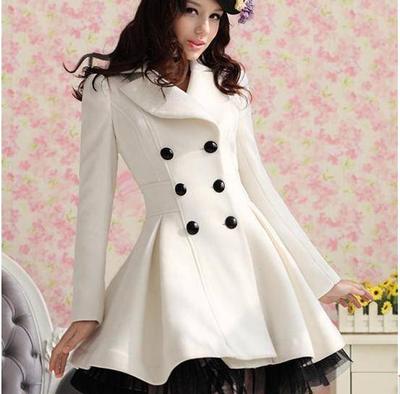 2015冬季新款 华丽优雅白色斜纹纱裙摆大摆双排扣羊毛呢外套