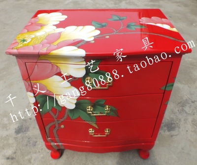 新品古典漆器家具床头柜中式彩绘手绘红底植物花卉三斗储物柜