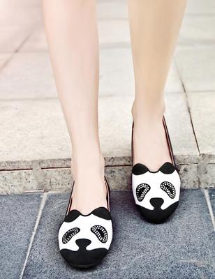2014春秋新款韩版熊猫圆头平底单鞋浅口拼色磨砂皮卡通可爱女鞋子