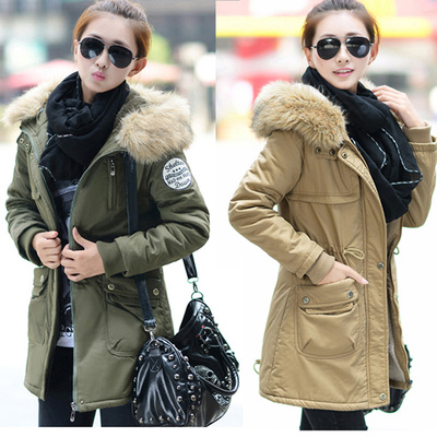 2013新款工装棉衣外套女装韩版中长款冬装大码军绿毛领加厚棉袄
