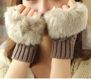 韩版可爱淑女士仿兔毛皮草加厚冬季保暖手臂套毛线半指手套