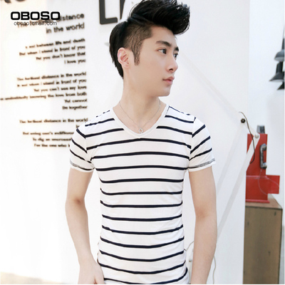 2015夏季韩版男装条纹V领短袖t恤潮流紧身半袖体恤男士修身打底衫