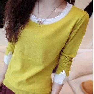 2015春装新款韩版赫本风简约撞色T恤修身长袖短款女针织衫