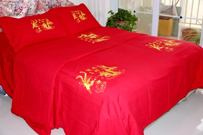 大红婚庆条纹床单被套粗布四件套床上用品四件纯棉黄河三角洲特产