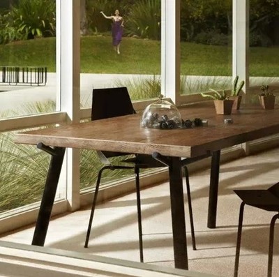 现代新款简约实木椅组合大长餐桌长凳铁艺做旧办公会议书桌椅